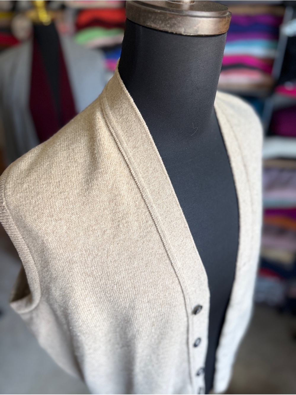 Beige Knit Button-Front Cashmere Vest